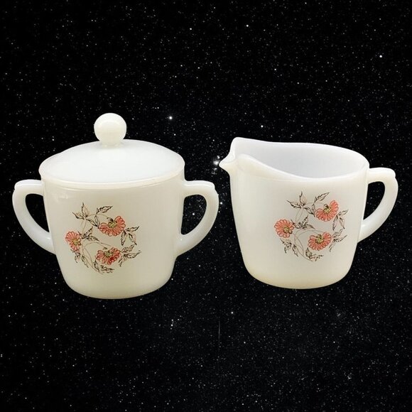Vintage Anchor Hocking Fire King Fleurette Pattern Sugar and Creamer Set - Picture 1 of 8